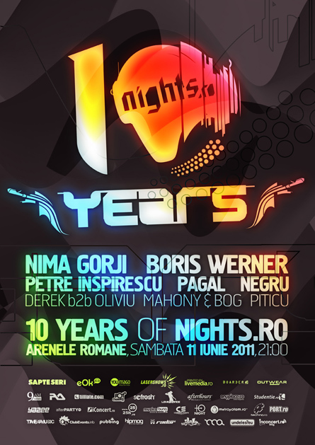 10 years of nights.ro - arenele romane -nima gorji, boris werner, petre inspirescu, pagal, negru - flyers, posters, design
