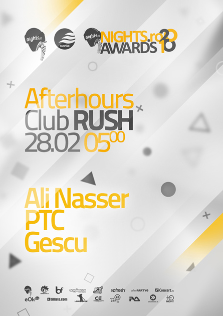 nigts.ro awards 2010 - afterhours event artwork, poster and flyer - club rush - ali nasser, ptc, gescu