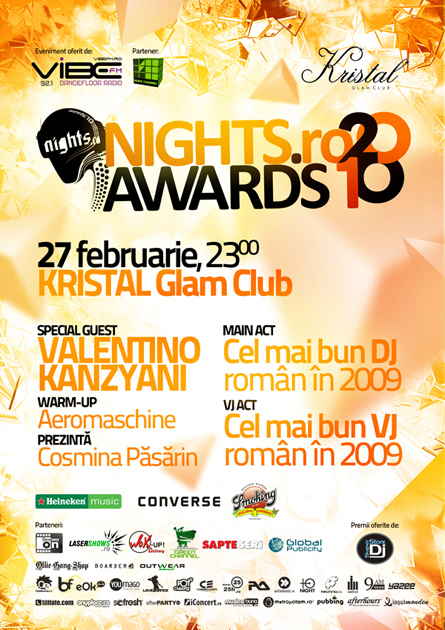 nigts.ro awards 2010 - main event artwork, poster and flyer - kristal glam club, valentino kanzyani, best romanian dj in 2009, best romanian vj in 2009