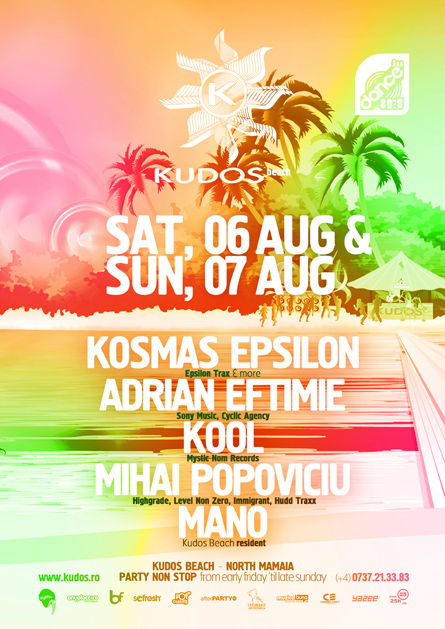 Kudos Beach - beach bar, beach club, summer club - Kosmas Epsilon, Kool, Mihai Popoviciu, Eftimie, Mano - creative, colorful, flyers and posters graphic design