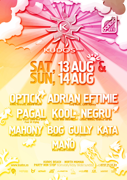 Kudos Beach - Optick, Adrian Eftimie, Pagal, Kool, Negru, Mano - creative, colorful, flyers and posters graphic design